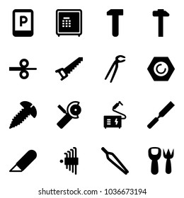 Solid vector icon set - parking sign vector, safe, work, hammer, steel rolling, saw, plumber, nut, screw, Angular grinder, welding, rasp, knife, allen key set, forceps, shovel fork toy