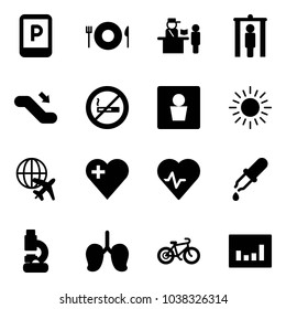 Solid vector icon set - parking sign vector, plate spoon fork, passport control, metal detector gate, escalator down, no smoking, male wc, sun, plane globe, heart, pulse, pipette, lab, lungs, bike