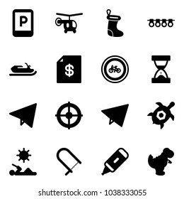 Solid vector icon set - parking sign vector, helicopter, christmas sock, garland, snowmobile, account statement, no bike road, sand clock, paper fly, target, sea turtle, reading, fretsaw, marker