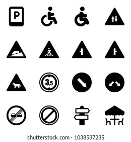 Solid vector icon set - parking sign vector, disabled, oncoming traffic road, climb, pedestrian, intersection, cow, limited height, detour, end overtake limit, no, signpost, outdoor cafe