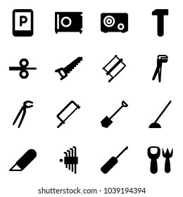 Solid vector icon set - parking sign vector, safe, work, steel rolling, saw, bucksaw, plumber, metal hacksaw, shovel, hoe, knife, allen key set, awl, fork toy
