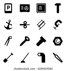 Solid vector icon set - parking sign vector, safe, work, anchor, steel rolling, bucksaw, clamp, plumber, screw, bolt, nut, shovel, hoe, allen key, forceps