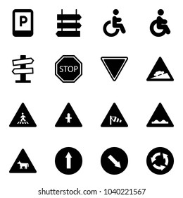 Solid vector icon set - parking sign vector, post, disabled, road signpost, stop, giving way, climb, pedestrian, intersection, side wind, rough, cow, only forward, detour, circle