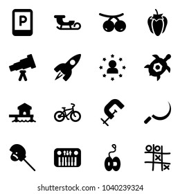 Solid vector icon set - parking sign vector, sleigh, rowanberry, sweet pepper, telescope, rocket, star man, sea turtle, bungalow, bike, clamp, sickle, horse stick toy, piano, yoyo, Tic tac toe