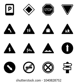 Solid vector icon set - parking sign vector, main road, stop, giving way, turn left, oncoming traffic, tunnel, children, intersection, side wind, rough, only forward, detour, end overtake limit, no