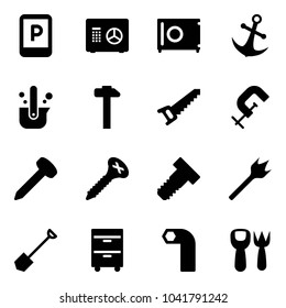 Solid vector icon set - parking sign vector, safe, anchor, casting of steel, hammer, saw, clamp, nail, screw, bolt, wood drill, shovel, tool cabinet, allen key, fork toy