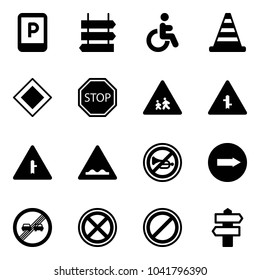 Solid vector icon set - parking sign vector, post, disabled, road cone, main, stop, children, intersection, rough, no horn, only right, end overtake limit, signpost