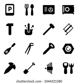 Solid vector icon set - parking sign vector, spoon and fork, safe, work, casting of steel, sledgehammer, bucksaw, chisel, plumber, screw, nut, shovel, allen key set, toy