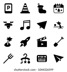 Solid vector icon set - parking sign vector, road cone, christmas sock, calendar, deer, music, paper fly, palm, rocket, movie flap, shovel, farm fork, baby carousel, toy piano, plane