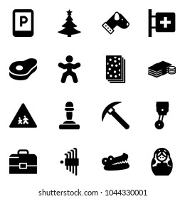 Solid vector icon set - parking sign vector, christmas tree, dog, first aid room, meat, gymnastics, breads, cash, children road, pawn, rock axe, piston, case, allen key set, crocodile, russian doll