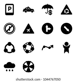 Solid vector icon set - parking sign vector, safety car, insurance, round motion road, no parkin odd, airport, only forward right, detour, social, friends, chart point arrow, success, rain cloud