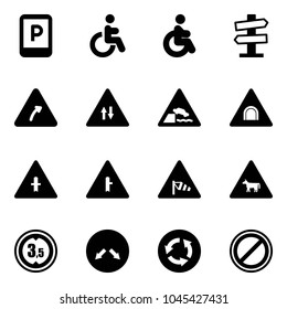 Solid vector icon set - parking sign vector, disabled, road signpost, turn right, oncoming traffic, embankment, tunnel, intersection, side wind, cow, limited height, detour, circle, no