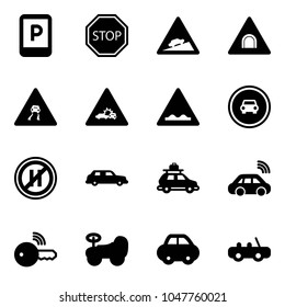 Solid vector icon set - parking sign vector, stop road, climb, tunnel, slippery, car crash, rough, no, even, limousine, baggage, wireless, key, baby, toy