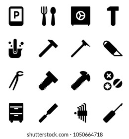 Solid vector icon set - parking sign vector, spoon and fork, safe, work, casting of steel, hammer, mason, knife, plumber, bolt, screw, rivet, tool cabinet, rasp, allen key set, awl