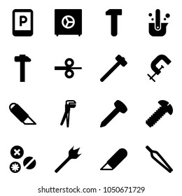 Solid vector icon set - parking sign vector, safe, work, casting of steel, hammer, rolling, sledgehammer, clamp, knife, plumber, nail, screw, rivet, wood drill, forceps
