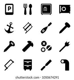 Solid vector icon set - parking sign vector, spoon and fork, safe, anchor, bucksaw, chisel, nail, screw, rivet, wood drill, metal hacksaw, tool cabinet, rasp, allen key