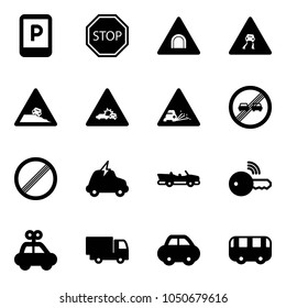 Solid vector icon set - parking sign vector, stop road, tunnel, slippery, steep roadside, car crash, gravel, end overtake limit, no, electric, cabrio, wireless key, toy, truck, bus