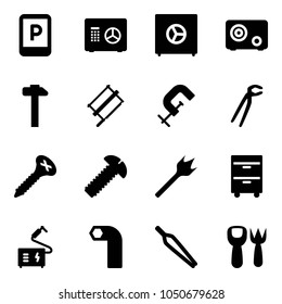 Solid vector icon set - parking sign vector, safe, hammer, bucksaw, clamp, plumber, screw, wood drill, tool cabinet, welding, allen key, forceps, shovel fork toy