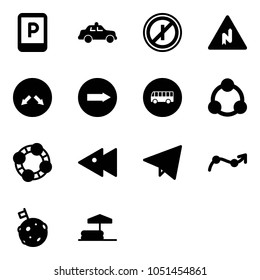 Solid vector icon set - parking sign vector, safety car, no parkin odd, abrupt turn right road, detour, only, bus, social, friends, fast backward, paper fly, chart point arrow, moon flag