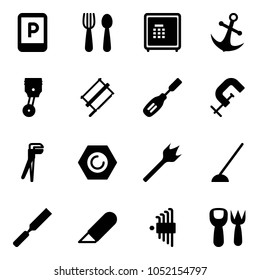 Solid vector icon set - parking sign vector, spoon and fork, safe, anchor, piston, bucksaw, chisel, clamp, plumber, nut, wood drill, hoe, rasp, work knife, allen key set, shovel toy