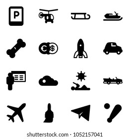 Solid vector icon set - parking sign vector, helicopter, sleigh, snowmobile, broken bone, euro dollar, rocket, car, presentation, cloud, reading, cabrio, plane, brush, paper, baseball bat