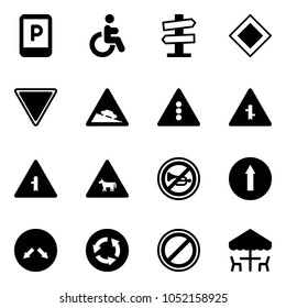 Solid vector icon set - parking sign vector, disabled, road signpost, main, giving way, steep descent, traffic light, intersection, cow, no horn, only forward, detour, circle, outdoor cafe