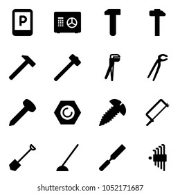 Solid vector icon set - parking sign vector, safe, work, hammer, sledgehammer, plumber, nail, nut, screw, metal hacksaw, shovel, hoe, rasp, allen key set