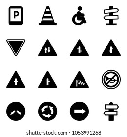Solid vector icon set - parking sign vector, road cone, disabled, signpost, giving way, oncoming traffic, intersection, side wind, no horn, detour, circle, only right