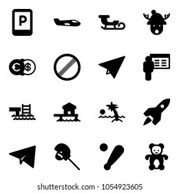 Solid vector icon set - parking sign vector, small plane, sleigh, christmas deer hat, euro dollar, no limit road, paper, presentation, pool, bungalow, palm, rocket, horse stick toy, baseball bat