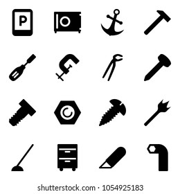 Solid vector icon set - parking sign vector, safe, anchor, hammer, chisel, clamp, plumber, nail, bolt, nut, screw, wood drill, hoe, tool cabinet, work knife, allen key