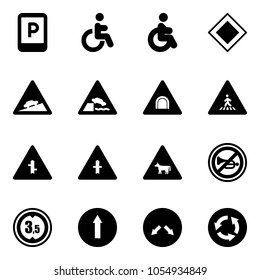Solid vector icon set - parking sign vector, disabled, main road, climb, embankment, tunnel, pedestrian, intersection, cow, no horn, limited height, only forward, detour, circle