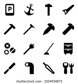 Solid vector icon set - parking sign vector, anchor, hammer, saw, mason, screw, rivet, wood drill, hoe, tool cabinet, rasp, allen key, forceps, shovel fork toy