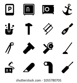 Solid vector icon set - parking sign vector, safe, anchor, casting of steel, hammer, bucksaw, chisel, plumber, bolt, Angular grinder, hoe, welding, work knife, allen key, awl
