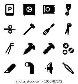 Solid vector icon set - parking sign vector, safe, piston, steel rolling, sledgehammer, chisel, plumber, screw, rivet, work knife, allen key, set, forceps