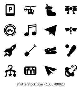 Solid vector icon set - parking sign vector, helicopter, christmas sock, bow, no bike road, music, paper fly, dragonfly, rocket, shovel, crocodile, baseball bat, baby carousel, toy piano, plane