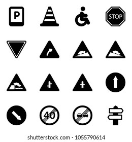 Solid vector icon set - parking sign vector, road cone, disabled, stop, giving way, turn right, climb, steep descent, embankment, intersection, only forward, detour, end speed limit, overtake