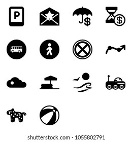 Solid vector icon set - parking sign vector, star letter, insurance, account history, bus road, pedestrian way, no stop, chart point arrow, cloud, inflatable pool, waves, moon rover, toy horse