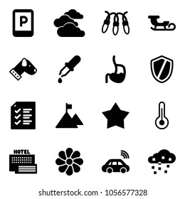 Solid vector icon set - parking sign vector, clouds, garland, sleigh, dog, pipette, stomach, shield, list, mountain, star medal, thermometer, sea hotel, flower, car wireless, snow