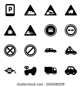 Solid vector icon set - parking sign vector, climb road, embankment, tractor way, tunnel, gravel, no car, overtake, stop, limousine, baggage, jack, baby, truck toy