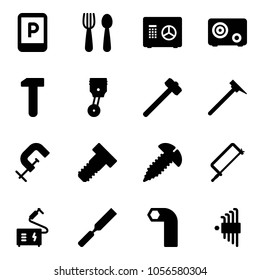 Solid vector icon set - parking sign vector, spoon and fork, safe, work, piston, sledgehammer, mason hammer, clamp, bolt, screw, metal hacksaw, welding, rasp, allen key, set