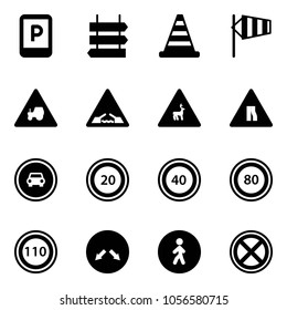 Solid vector icon set - parking sign vector, post, road cone, side wind, tractor way, drawbridge, wild animals, narrows, no car, speed limit 20, 40, 80, 110, detour, pedestrian, stop
