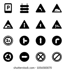 Solid vector icon set - parking sign vector, post, turn left road, climb, embankment, traffic light, intersection, side wind, limited height, only forward right, circle, no stop