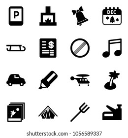 Solid vector icon set - parking sign vector, fireplace, bell, christmas calendar, sleigh, account statement, no limit road, music, car, highlight marker, helicopter, palm, photo, tent, farm fork