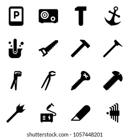 Solid vector icon set - parking sign vector, safe, work, anchor, casting of steel, saw, hammer, mason, plumber, screw, wood drill, welding, knife, allen key set
