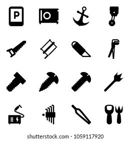 Solid vector icon set - parking sign vector, safe, anchor, piston, saw, bucksaw, work knife, plumber, bolt, screw, wood drill, welding, allen key set, forceps, shovel fork toy