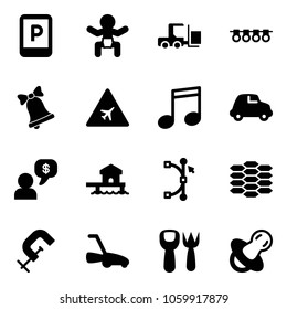 Solid vector icon set - parking sign vector, baby, fork loader, garland, bell, airport road, music, car, money dialog, bungalow, bezier, carbon, clamp, lawn mower, shovel toy, soother