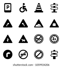 Solid vector icon set - parking sign vector, disabled, road cone, signpost, turn right, left, steep descent, tunnel, intersection, cow, no horn, limited height, only, end overtake limit