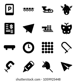 Solid vector icon set - parking sign vector, garland, sleigh, christmas deer hat, account statement, paper fly, pool, butterfly, skateboard, clock, circuit, fretsaw, clamp, marker, toy unicorn stick