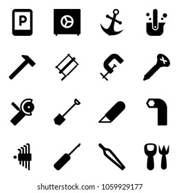 Solid vector icon set - parking sign vector, safe, anchor, casting of steel, hammer, bucksaw, clamp, screw, Angular grinder, shovel, work knife, allen key, set, awl, forceps, fork toy