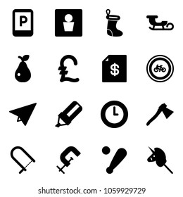 Solid vector icon set - parking sign vector, male wc, christmas sock, sleigh, pear, pound, account statement, no bike road, paper plane, highlight marker, clock, axe, fretsaw, clamp, baseball bat